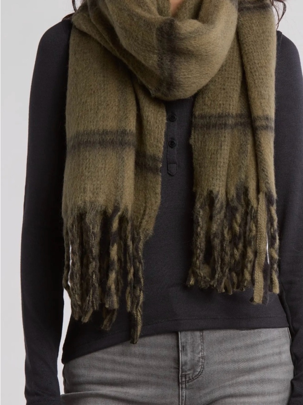 Allsaints Oversized Plaid Check Green Wool Blend Winter Scarf